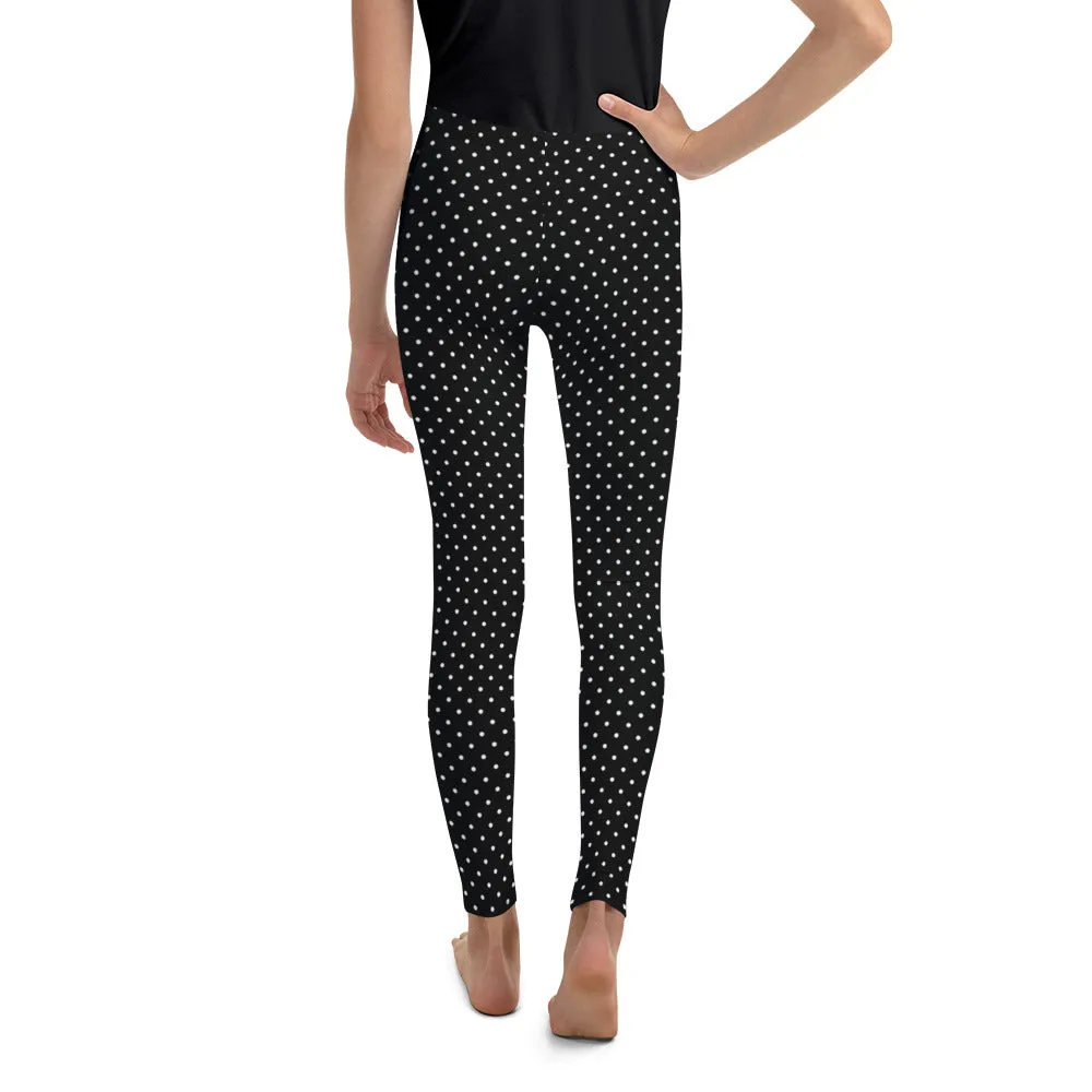 Classic Black White Polka Dots Print Premium Youth Leggings Tights - Made in USA/ EU