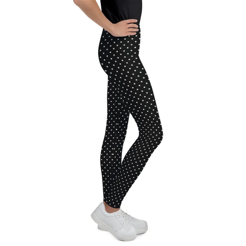 Classic Black White Polka Dots Print Premium Youth Leggings Tights - Made in USA/ EU