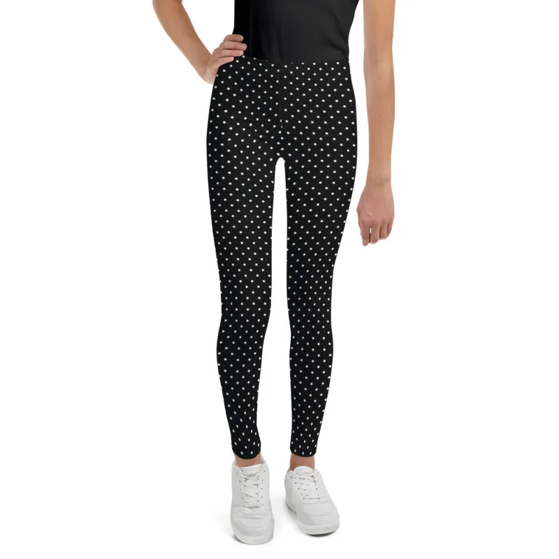 Classic Black White Polka Dots Print Premium Youth Leggings Tights - Made in USA/ EU