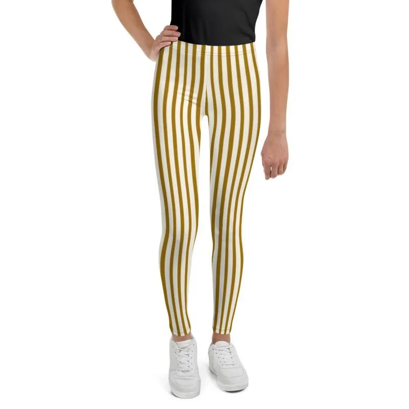 Classic Light Yellow Brown Vertical Stripe Print Premium Youth Leggings-Made in USA/EU