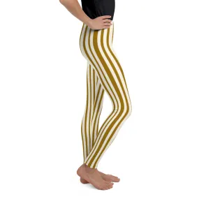 Classic Light Yellow Brown Vertical Stripe Print Premium Youth Leggings-Made in USA/EU