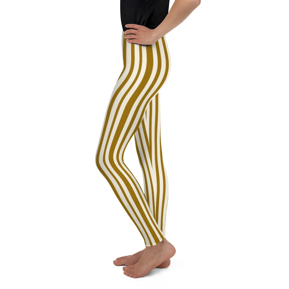 Classic Light Yellow Brown Vertical Stripe Print Premium Youth Leggings-Made in USA/EU