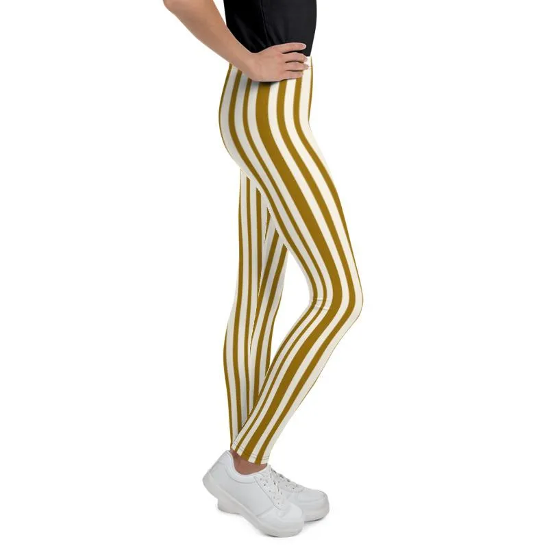 Classic Light Yellow Brown Vertical Stripe Print Premium Youth Leggings-Made in USA/EU