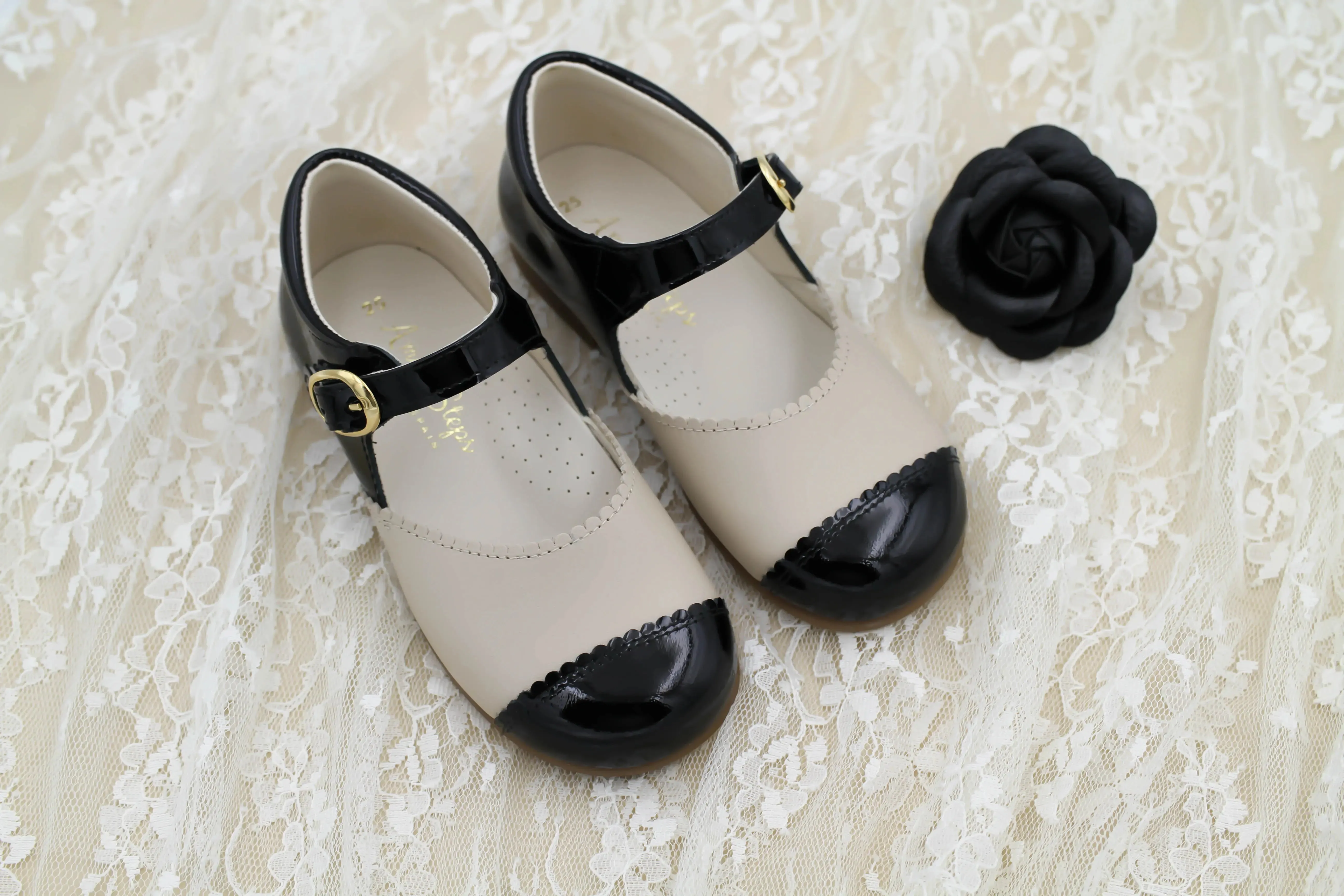 Coco- Light Beige/Black Leather Mary Jane Shoes