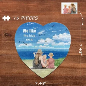 Custom Photo Blue Sea Heart-Shaped Jigsaw Puzzle Best Indoor Gifts For Lover 75 Pieces