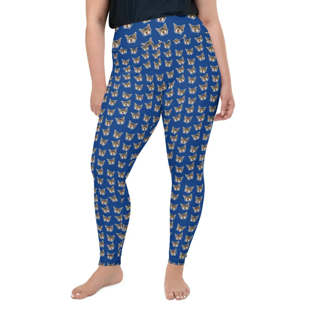 Dark Blue Cat Long Tights, Best Cat Print Plus Size Leggings, Women's Plus Size Yoga Pants-Made in USA/EU