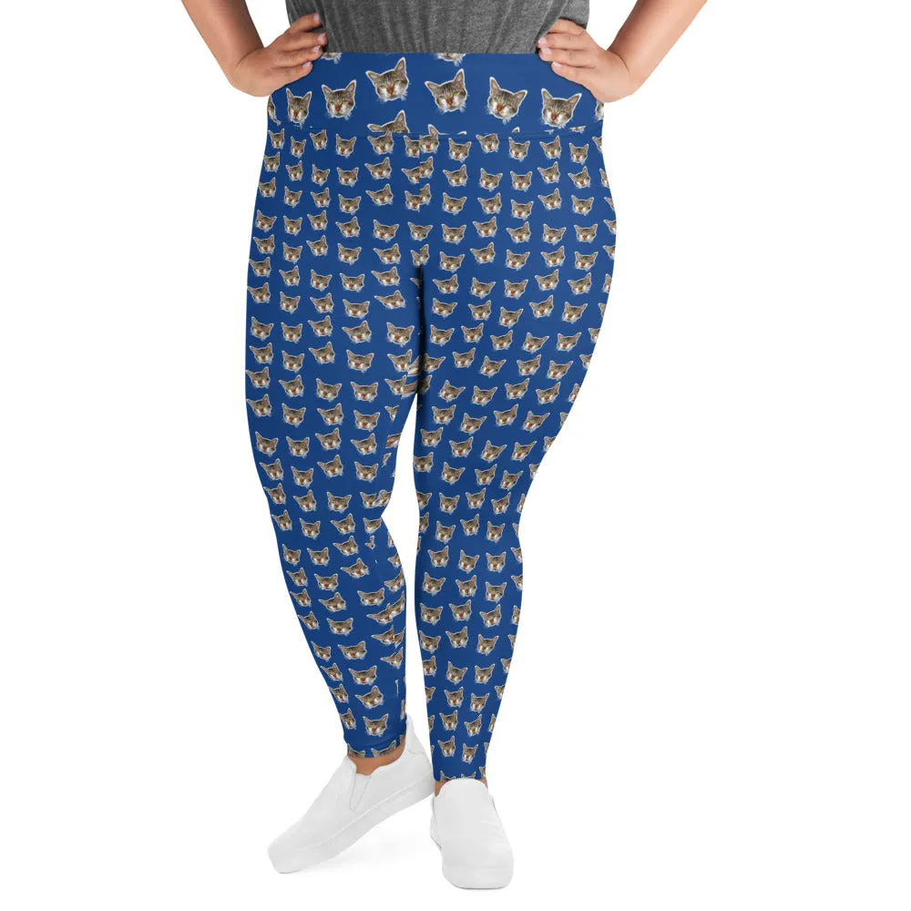 Dark Blue Cat Long Tights, Best Cat Print Plus Size Leggings, Women's Plus Size Yoga Pants-Made in USA/EU