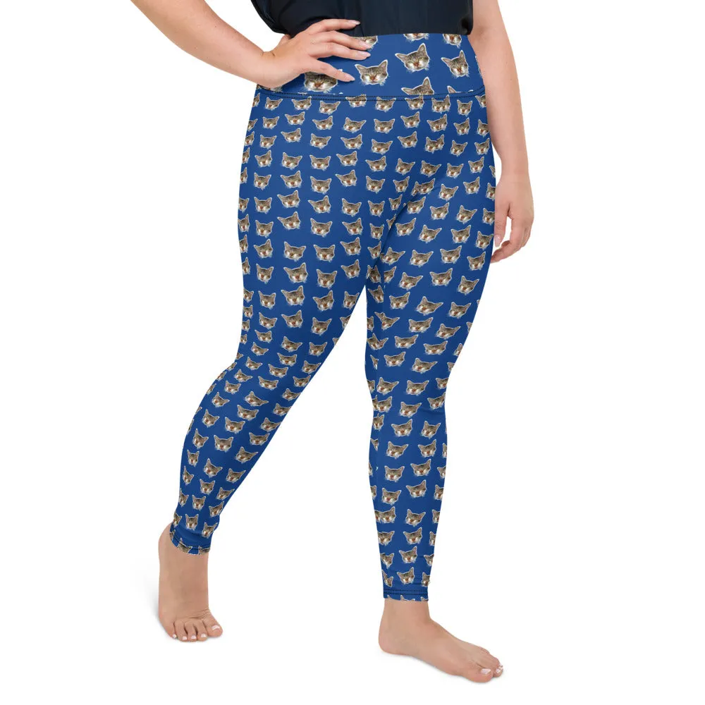 Dark Blue Cat Long Tights, Best Cat Print Plus Size Leggings, Women's Plus Size Yoga Pants-Made in USA/EU