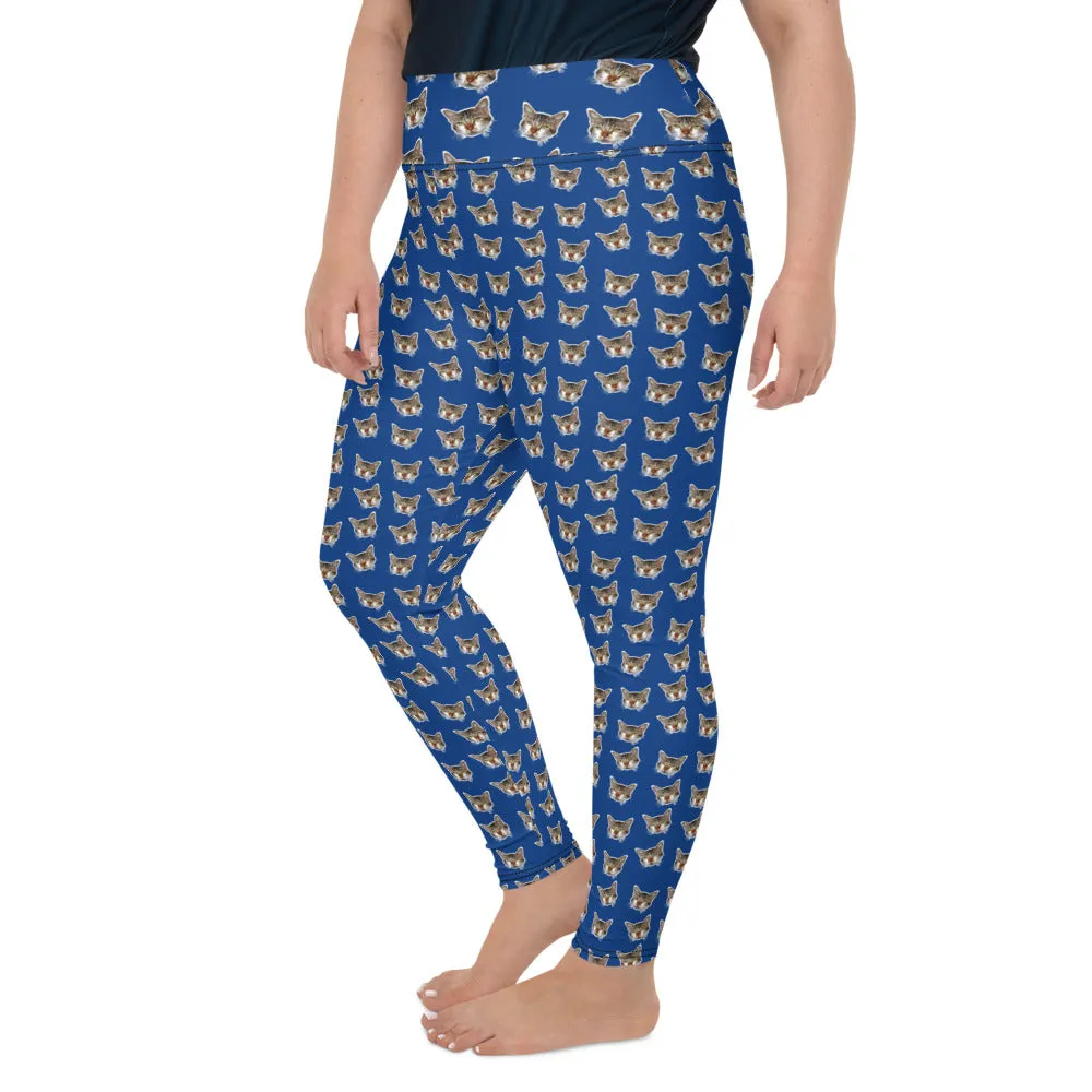 Dark Blue Cat Long Tights, Best Cat Print Plus Size Leggings, Women's Plus Size Yoga Pants-Made in USA/EU