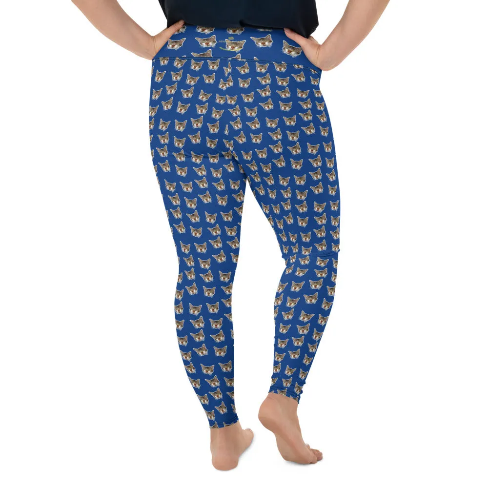 Dark Blue Cat Long Tights, Best Cat Print Plus Size Leggings, Women's Plus Size Yoga Pants-Made in USA/EU