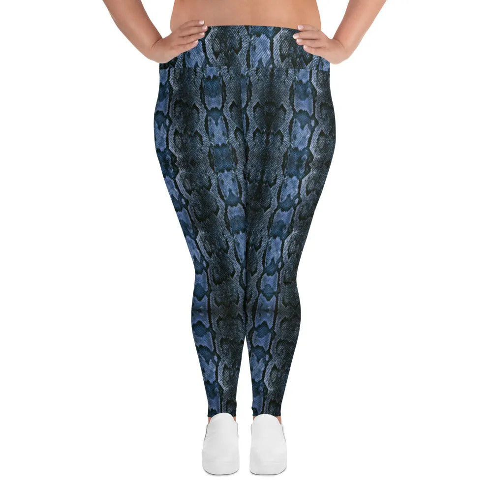 Dark Blue Snake Tights, Best Snake Skin Print Plus Size Leggings For Ladies- Made in USA/EU/MX