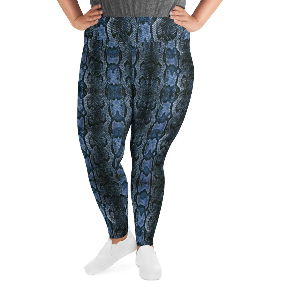 Dark Blue Snake Tights, Best Snake Skin Print Plus Size Leggings For Ladies- Made in USA/EU/MX