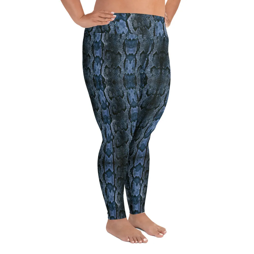 Dark Blue Snake Tights, Best Snake Skin Print Plus Size Leggings For Ladies- Made in USA/EU/MX