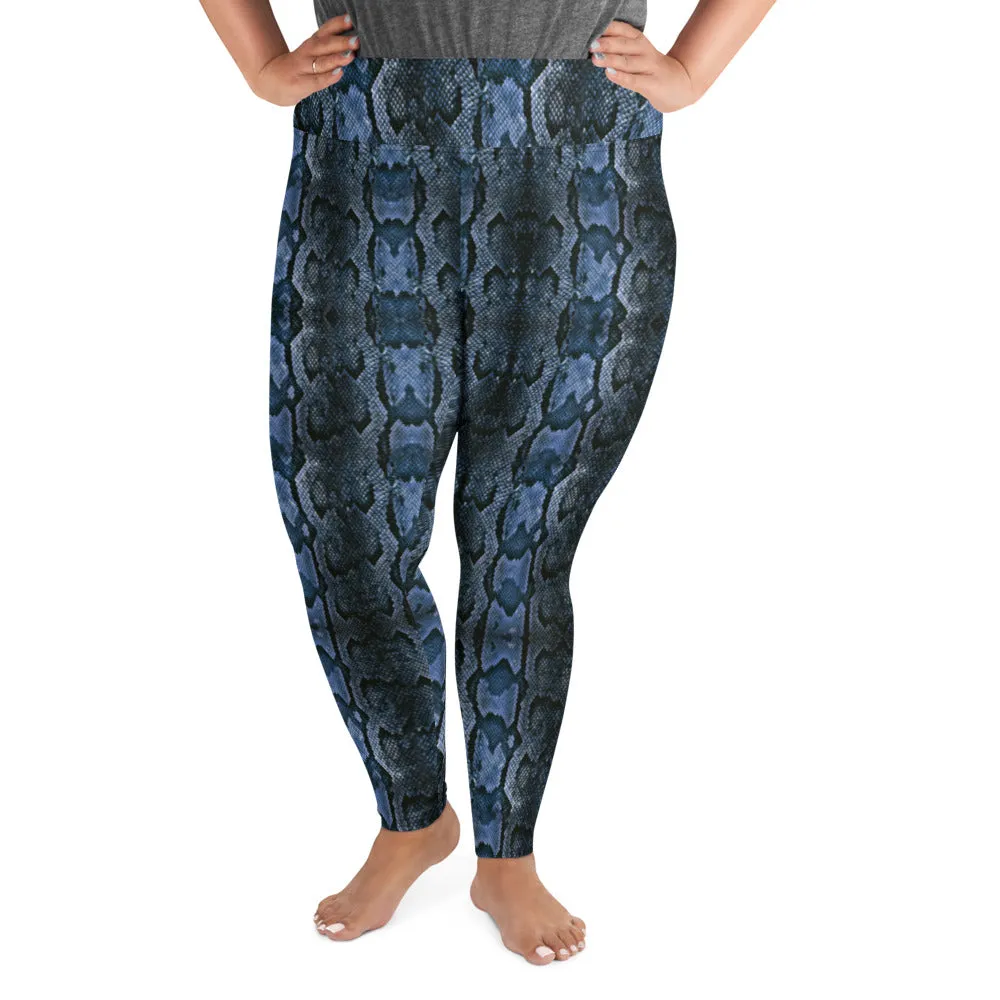 Dark Blue Snake Tights, Best Snake Skin Print Plus Size Leggings For Ladies- Made in USA/EU/MX