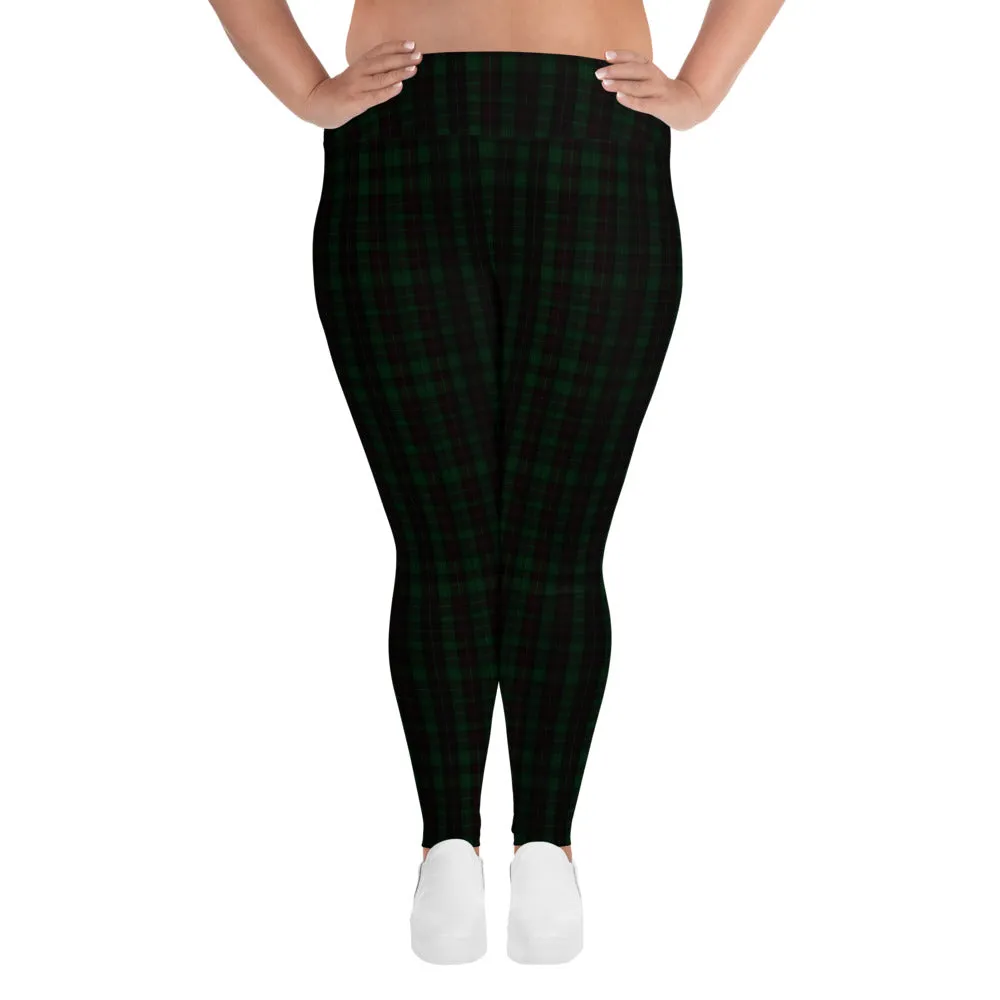 Dark Green Plaid Plus Size Tights, Scottish Tartan Print Plus Size Leggings-Made in USA/EU