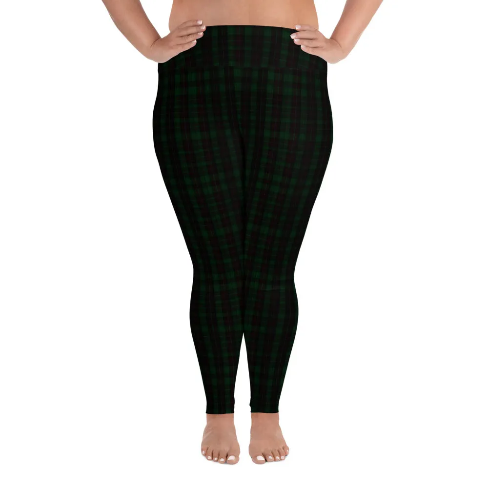 Dark Green Plaid Plus Size Tights, Scottish Tartan Print Plus Size Leggings-Made in USA/EU