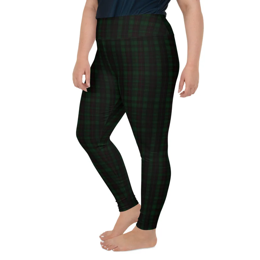 Dark Green Plaid Plus Size Tights, Scottish Tartan Print Plus Size Leggings-Made in USA/EU