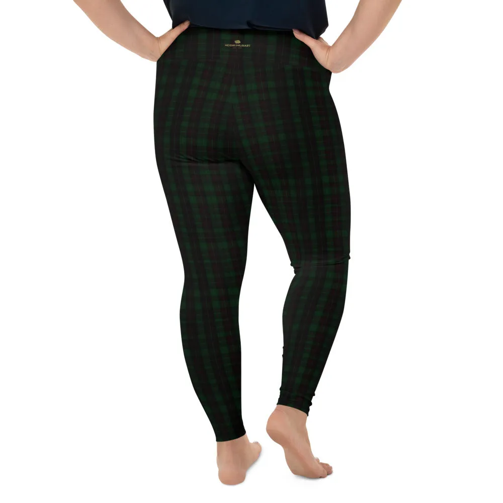 Dark Green Plaid Plus Size Tights, Scottish Tartan Print Plus Size Leggings-Made in USA/EU