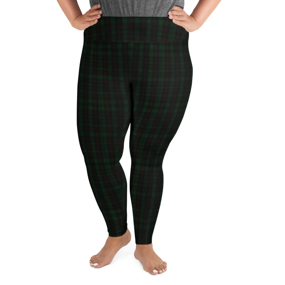 Dark Green Plaid Plus Size Tights, Scottish Tartan Print Plus Size Leggings-Made in USA/EU