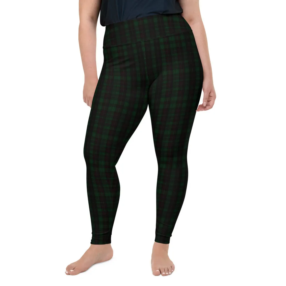 Dark Green Plaid Plus Size Tights, Scottish Tartan Print Plus Size Leggings-Made in USA/EU