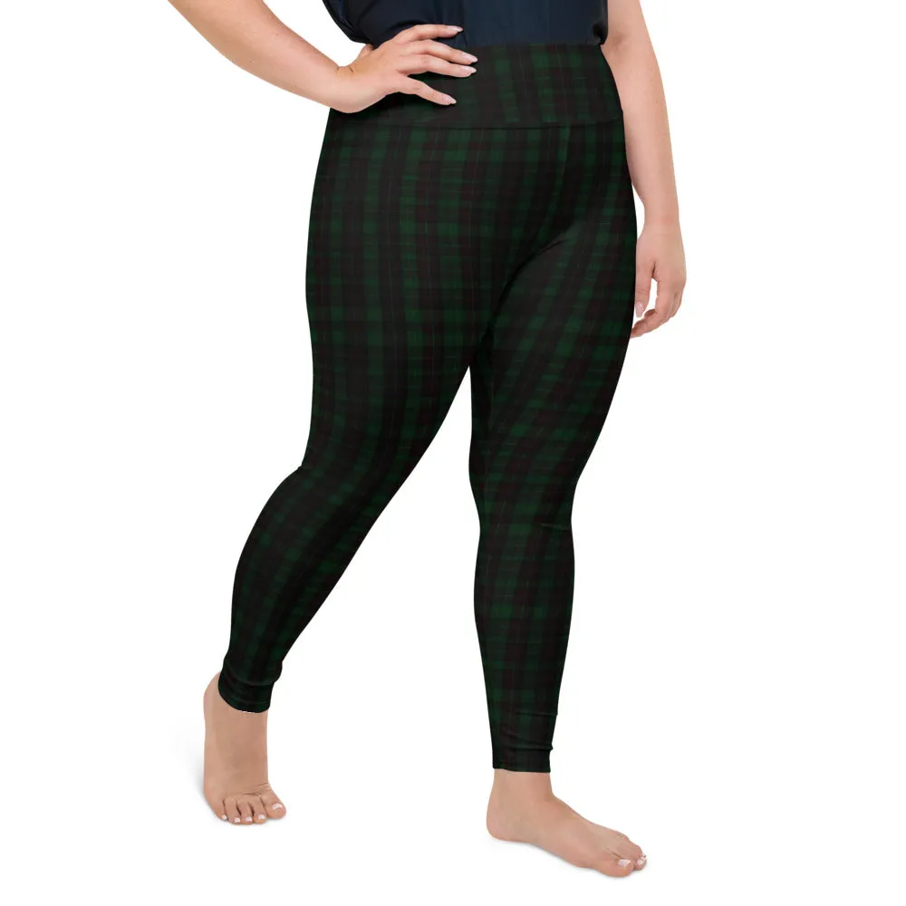 Dark Green Plaid Plus Size Tights, Tartan Print Plus Size Women's Leggings-Made in USA/EU