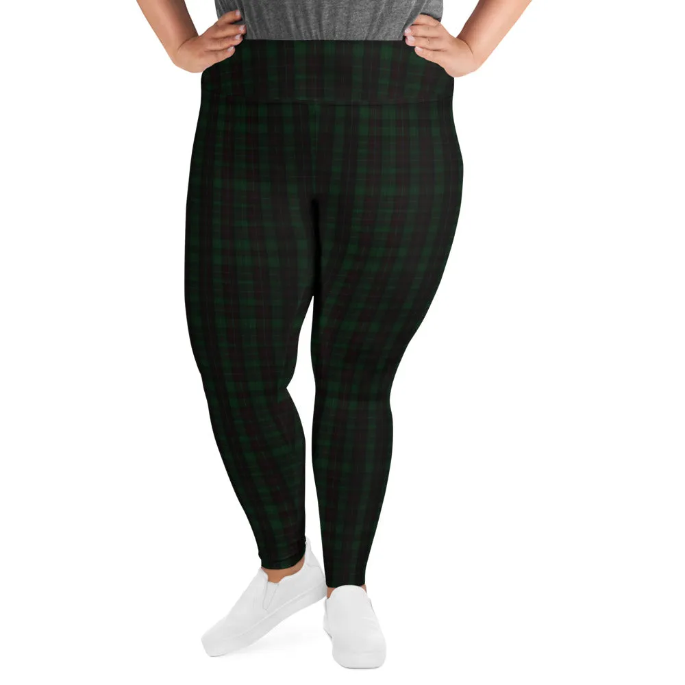 Dark Green Plaid Plus Size Tights, Tartan Print Plus Size Women's Leggings-Made in USA/EU