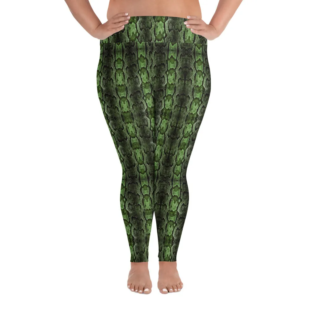 Dark Green Snake Print, Best Snake Skin Print Plus Size Leggings For Ladies- Made in USA/EU/MX