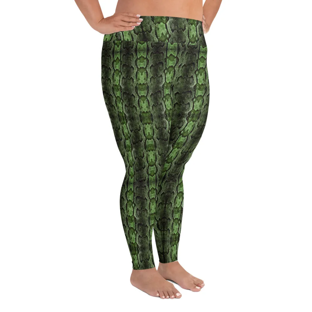 Dark Green Snake Print, Best Snake Skin Print Plus Size Leggings For Ladies- Made in USA/EU/MX