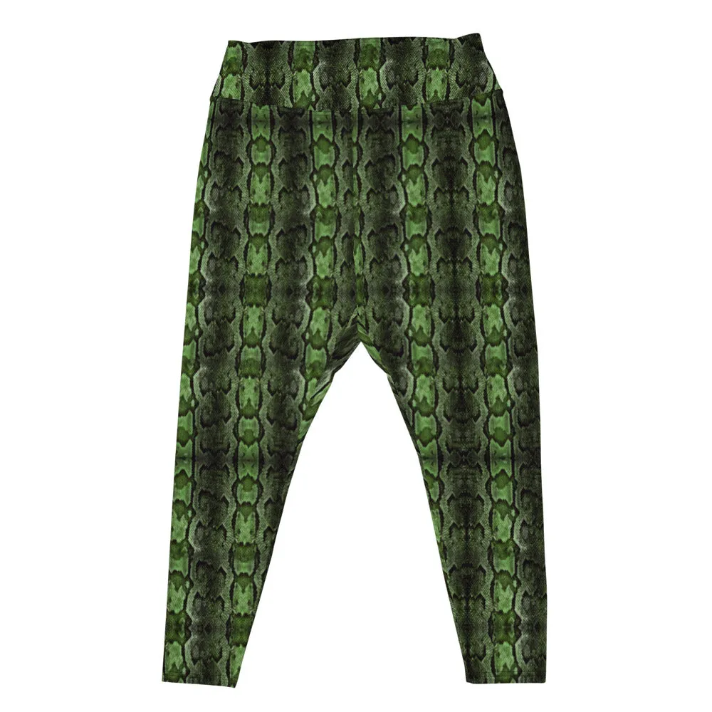 Dark Green Snake Print, Best Snake Skin Print Plus Size Leggings For Ladies- Made in USA/EU/MX