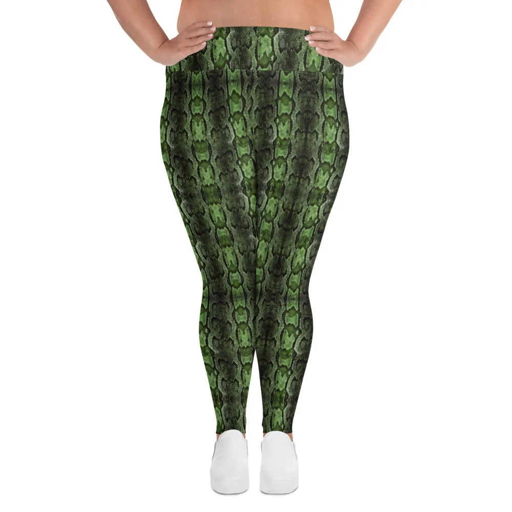 Dark Green Snake Print, Best Snake Skin Print Plus Size Leggings For Ladies- Made in USA/EU/MX