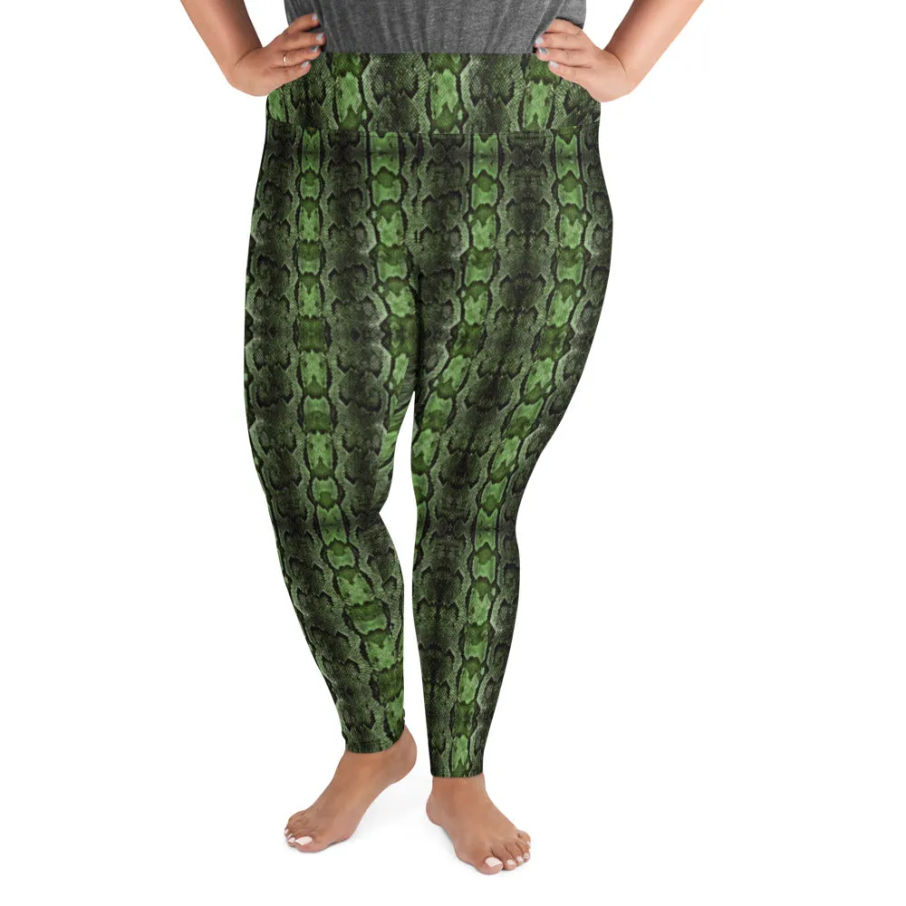 Dark Green Snake Print, Best Snake Skin Print Plus Size Leggings For Ladies- Made in USA/EU/MX