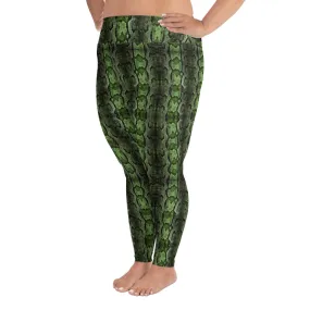 Dark Green Snake Print, Best Snake Skin Print Plus Size Leggings For Ladies- Made in USA/EU/MX