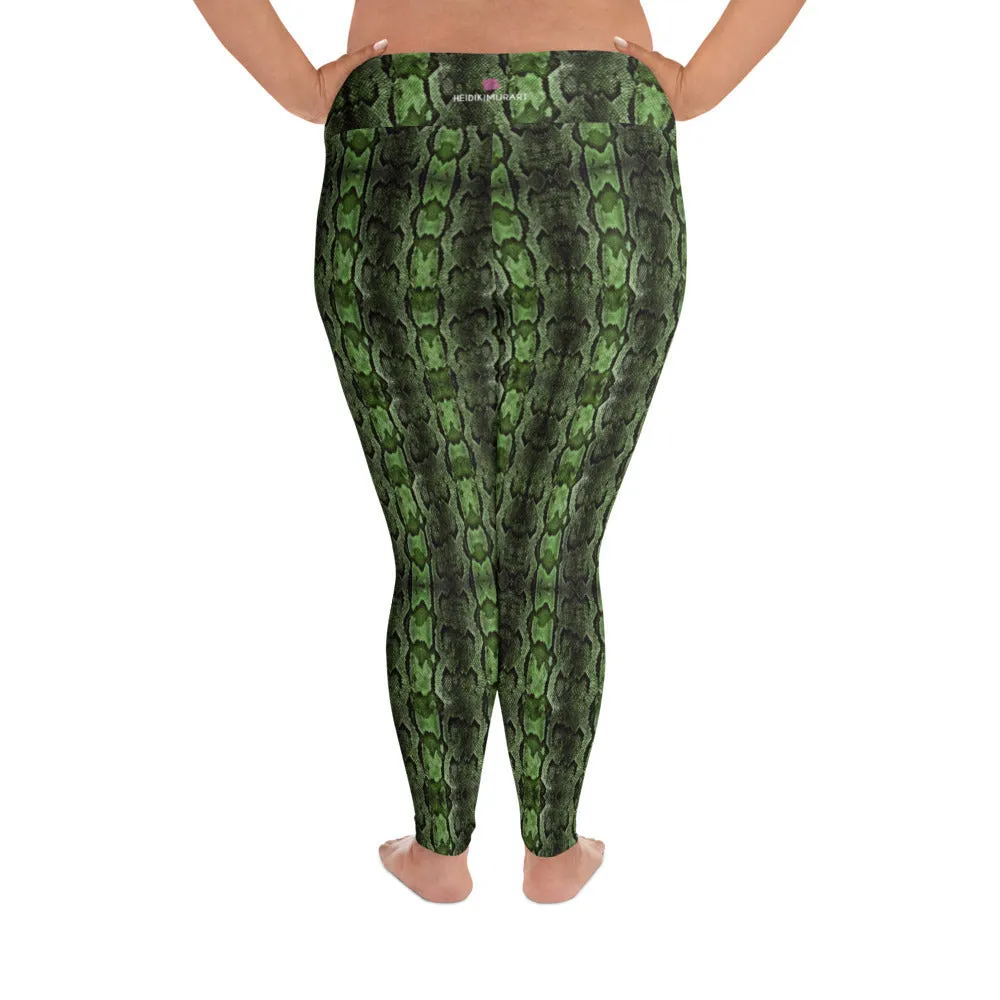 Dark Green Snake Print, Best Snake Skin Print Plus Size Leggings For Ladies- Made in USA/EU/MX