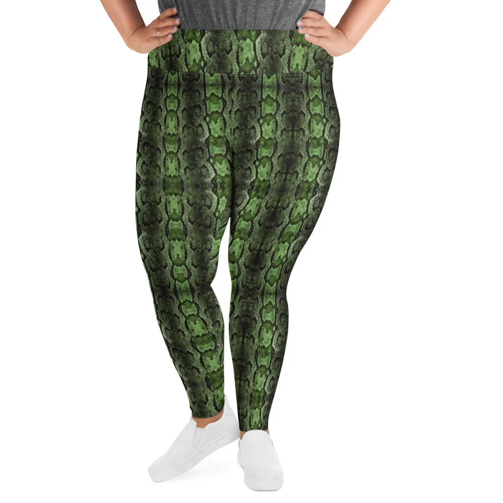 Dark Green Snake Print, Best Snake Skin Print Plus Size Leggings For Ladies- Made in USA/EU/MX