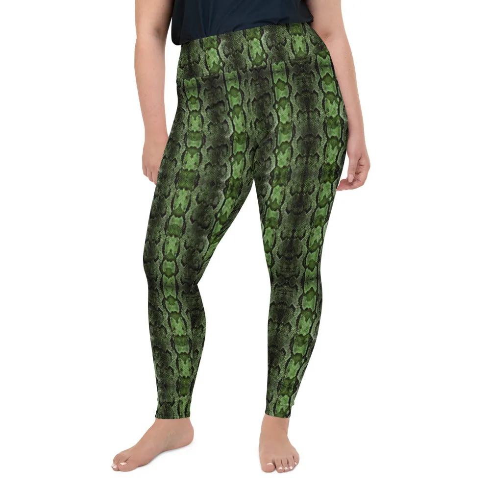 Dark Green Snake Print, Best Snake Skin Print Plus Size Leggings For Ladies- Made in USA/EU/MX