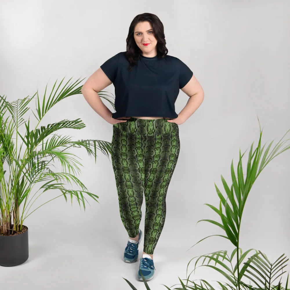 Dark Green Snake Print, Best Snake Skin Print Plus Size Leggings For Ladies- Made in USA/EU/MX