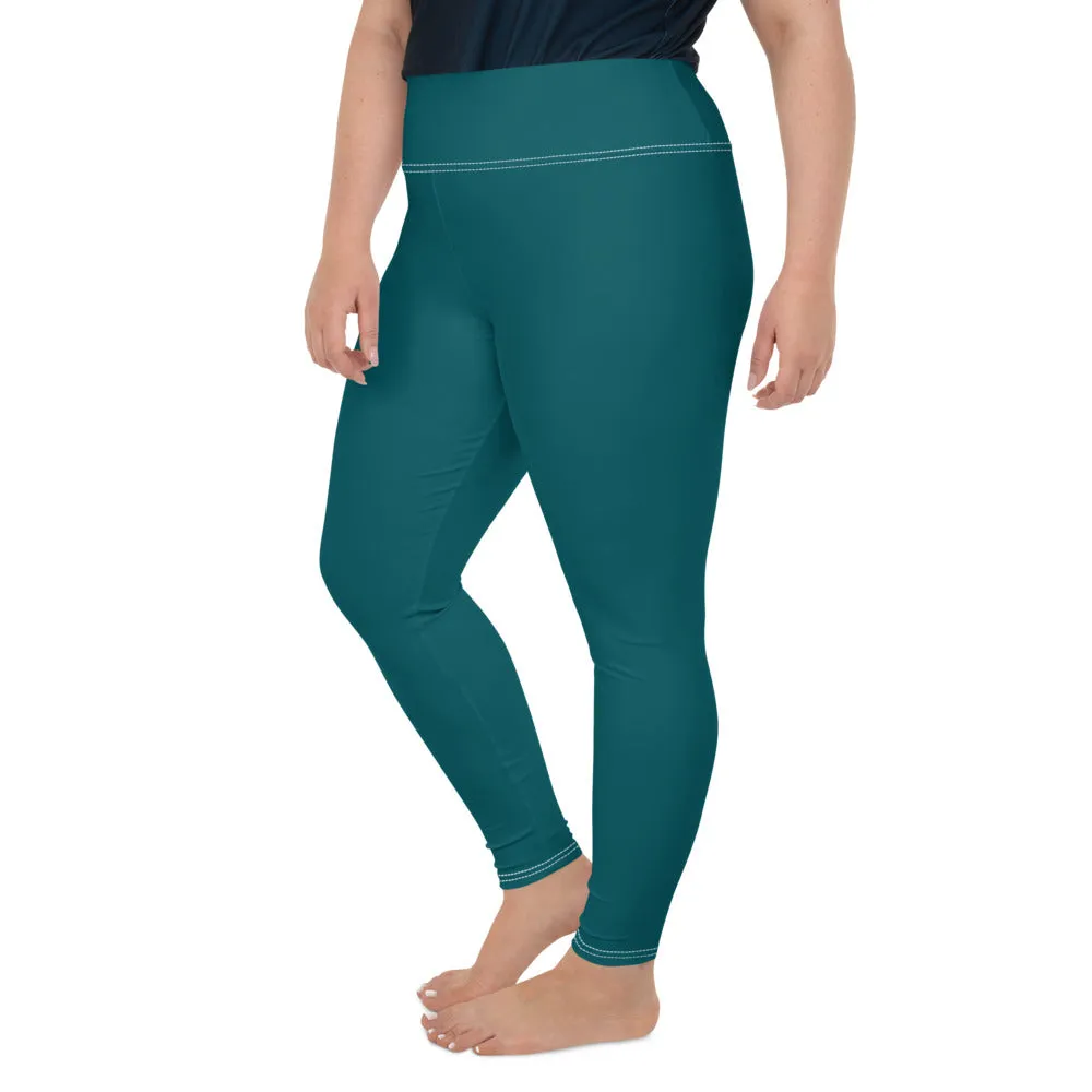 Dark Teal Blue Tights, Solid Color Print Women's Premium Plus Size Leggings- Made in USA/EU