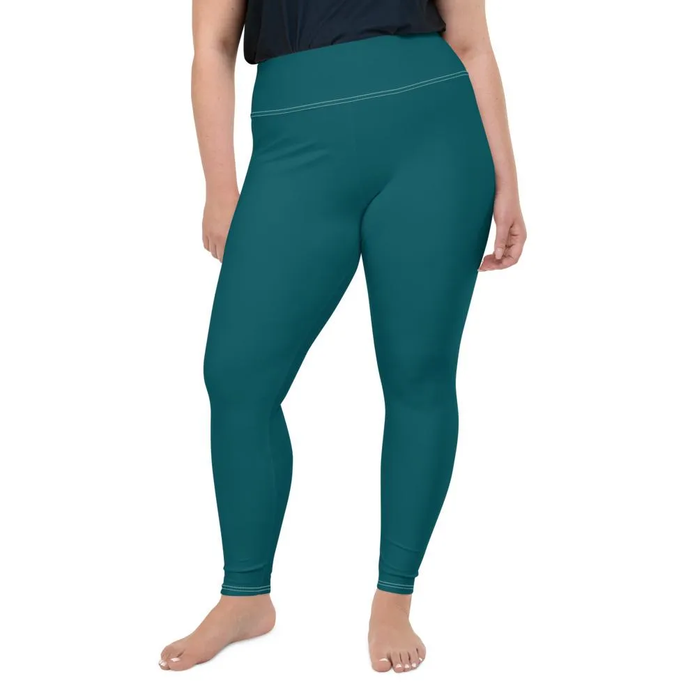 Dark Teal Blue Tights, Solid Color Print Women's Premium Plus Size Leggings- Made in USA/EU