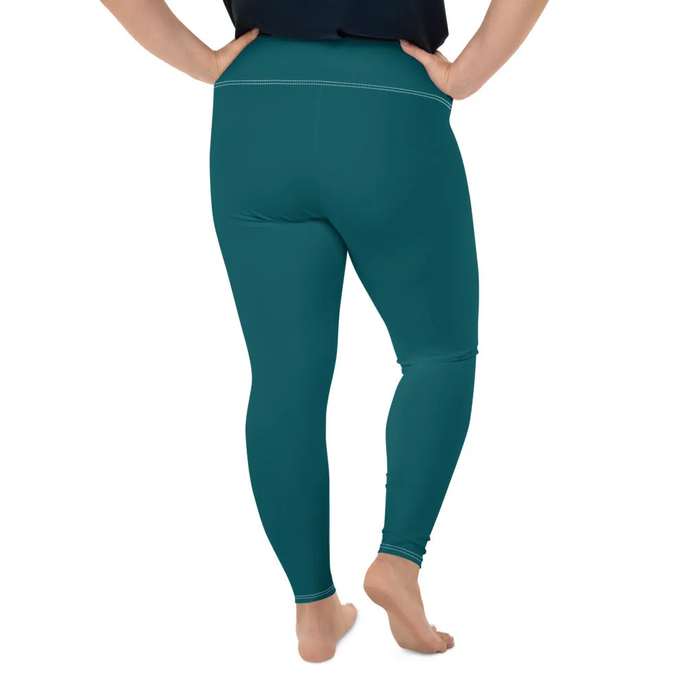 Dark Teal Blue Tights, Solid Color Print Women's Premium Plus Size Leggings- Made in USA/EU