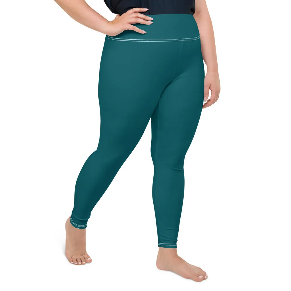 Dark Teal Blue Tights, Solid Color Print Women's Premium Plus Size Leggings- Made in USA/EU