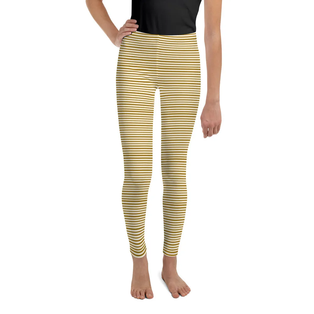 Dense Brown Light Yellow Horizontal Stripe Print Youth Leggings - Made in USA/ EU