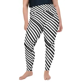 Diagonal Black White Stripe Designer Print Plus Size Leggings Pants- Made in USA/ EU