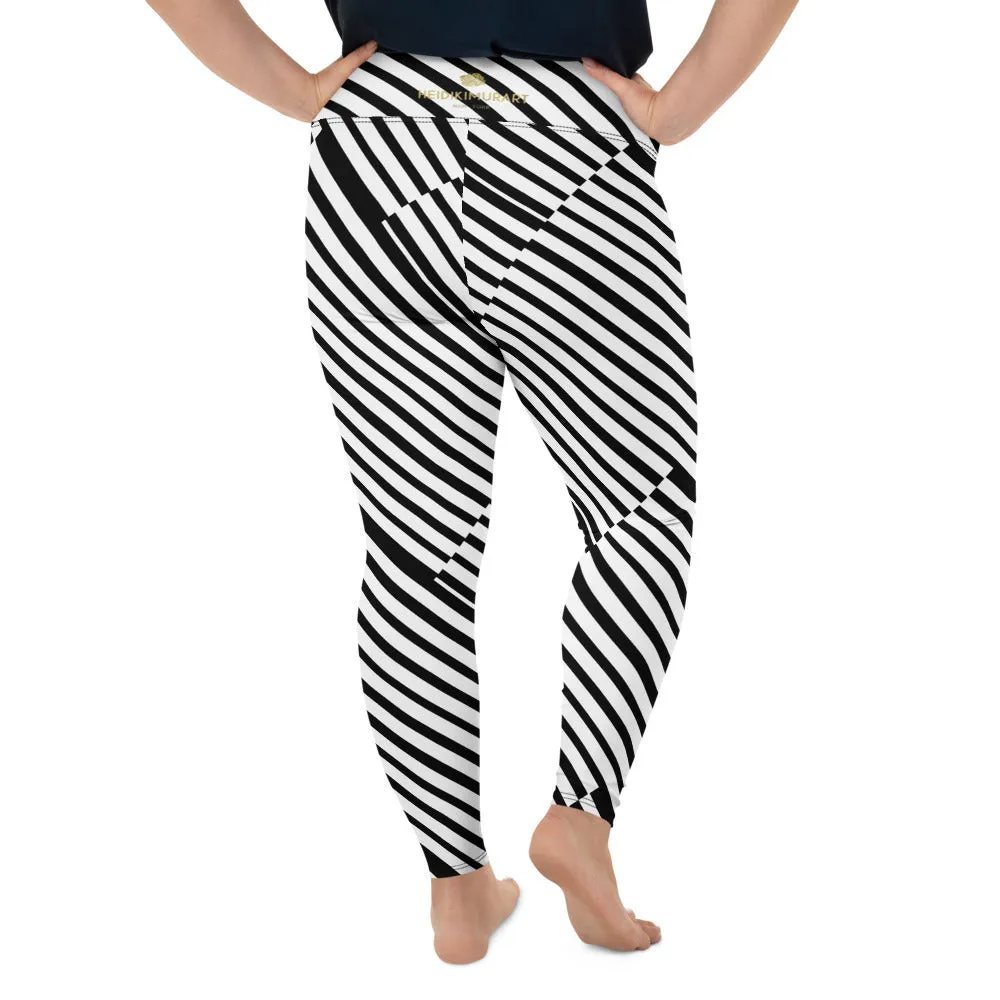 Diagonal Black White Stripe Designer Print Plus Size Leggings Pants- Made in USA/ EU