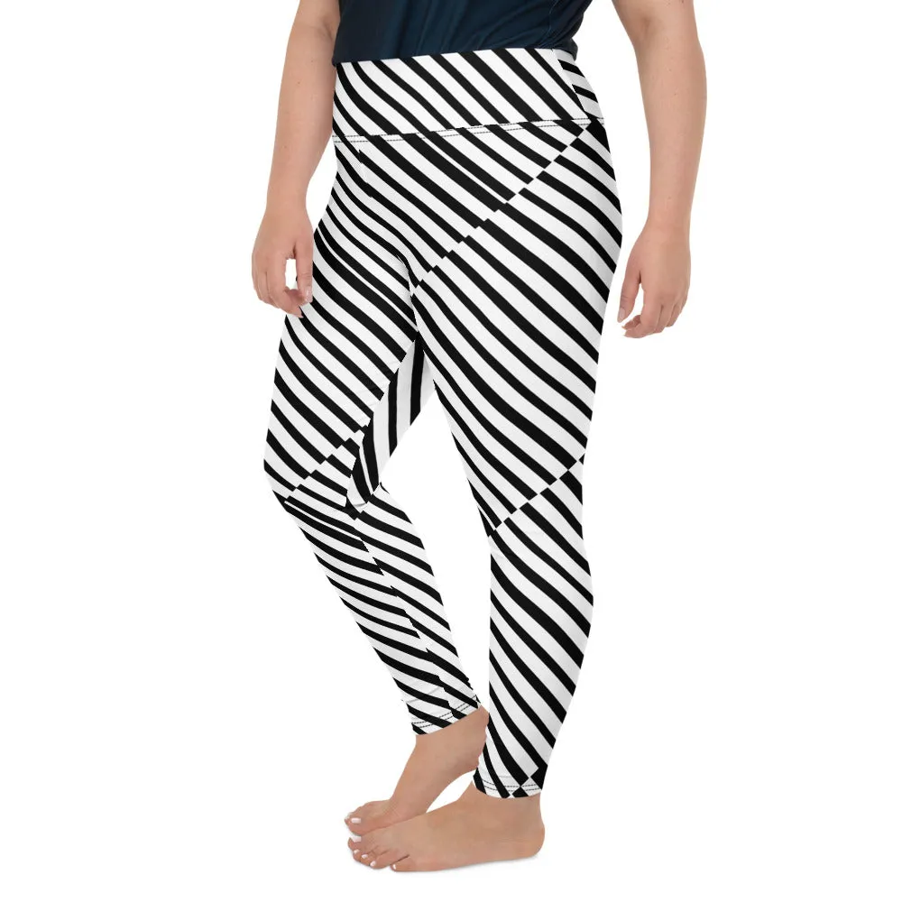 Diagonal Black White Stripe Designer Print Plus Size Leggings Pants- Made in USA/ EU