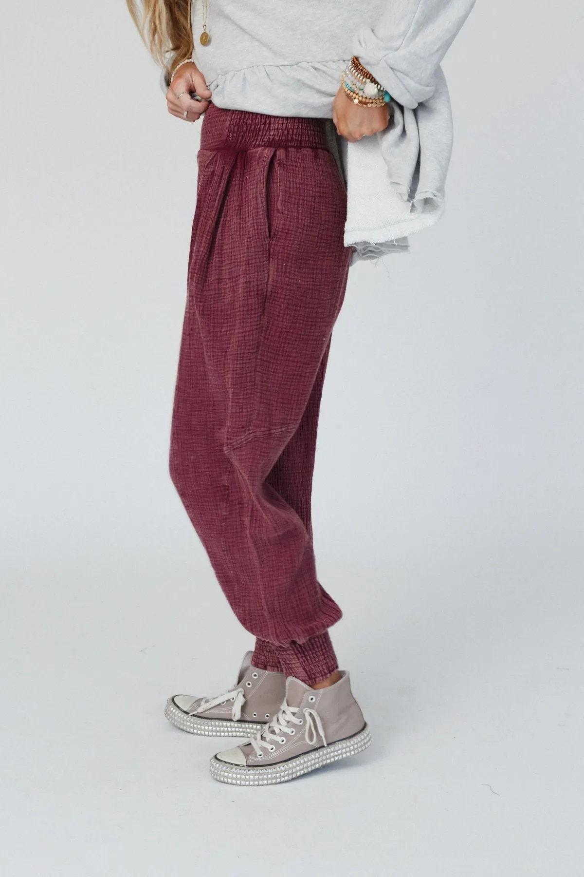 Elif Wide Waist Band Pants - Burgundy