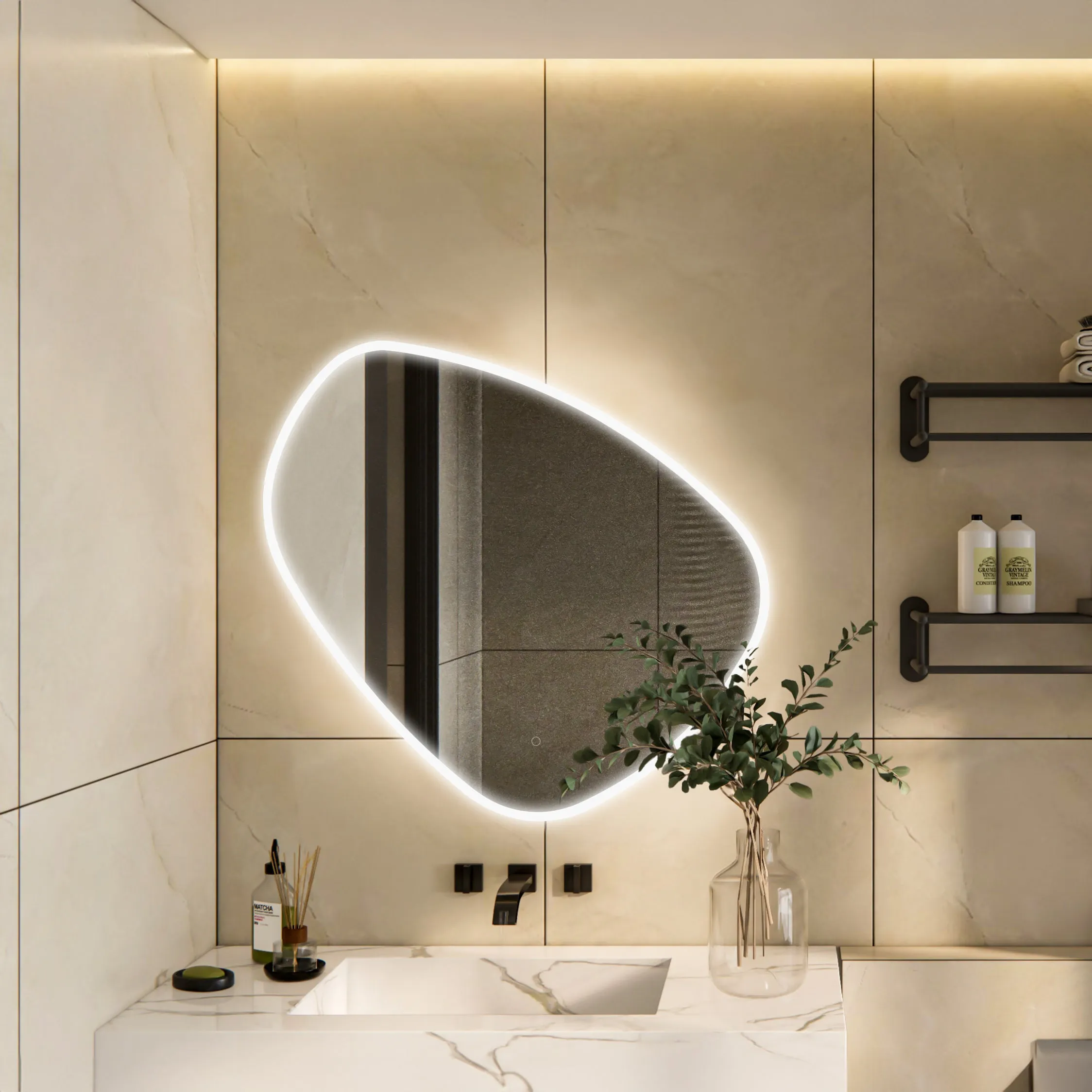 Eva Irregular Shaped LED Lighted Mirror with Dimmer & Defogger - Available in 2 Sizes