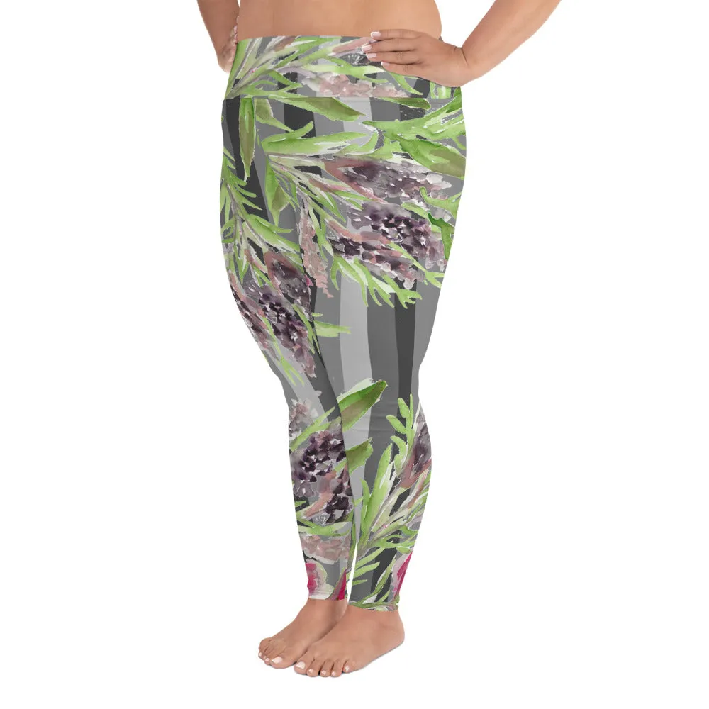 Floral Print Plus Size Leggings, Gray Vertical Striped Women's Long Yoga Pants-Made in USA/EU