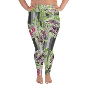 Floral Print Plus Size Leggings, Gray Vertical Striped Women's Long Yoga Pants-Made in USA/EU