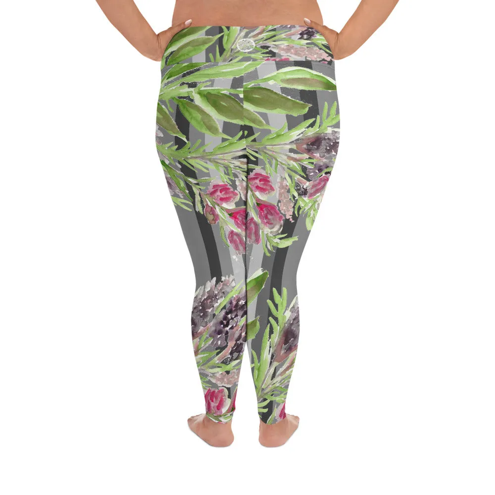 Floral Print Plus Size Leggings, Gray Vertical Striped Women's Long Yoga Pants-Made in USA/EU