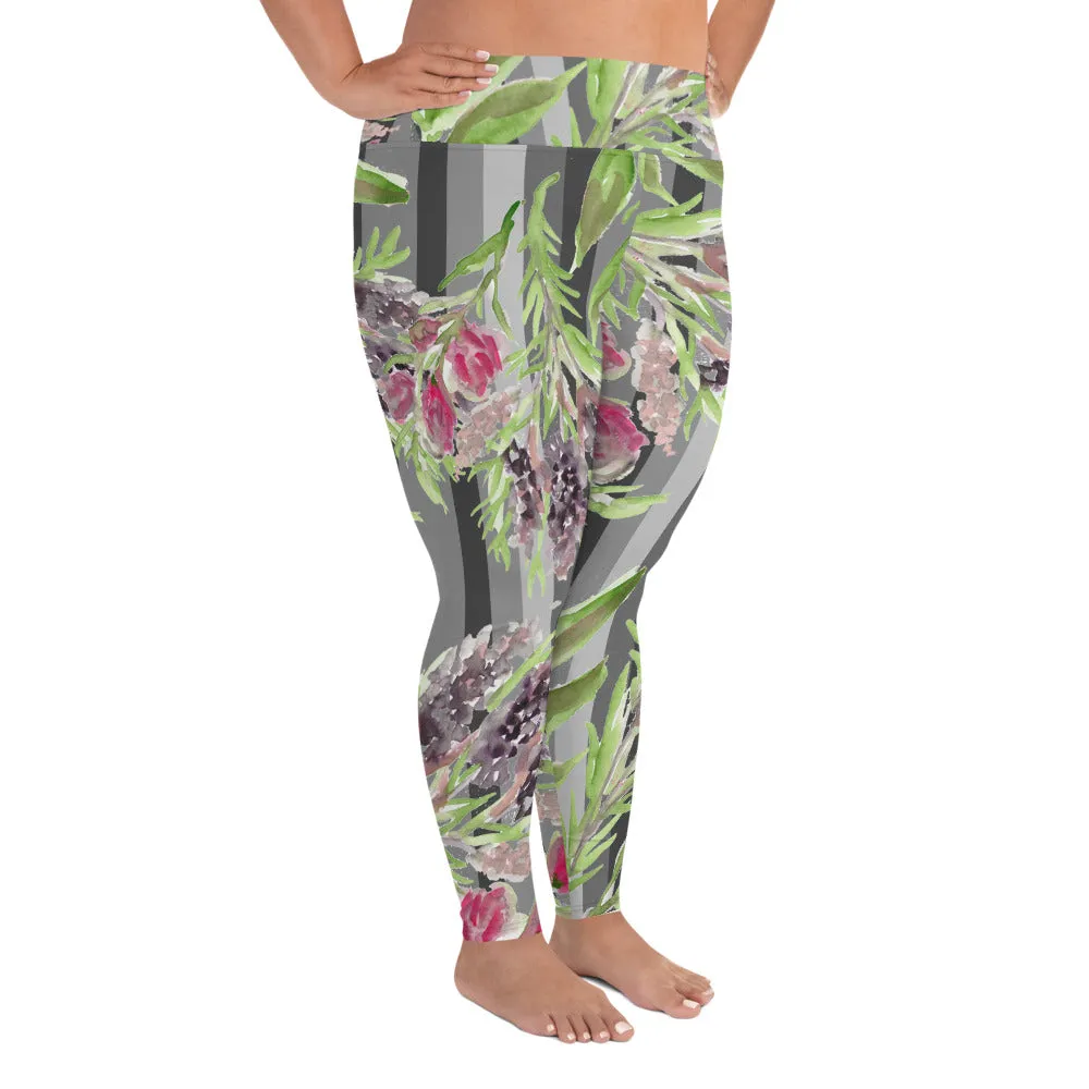 Floral Print Plus Size Leggings, Gray Vertical Striped Women's Long Yoga Pants-Made in USA/EU